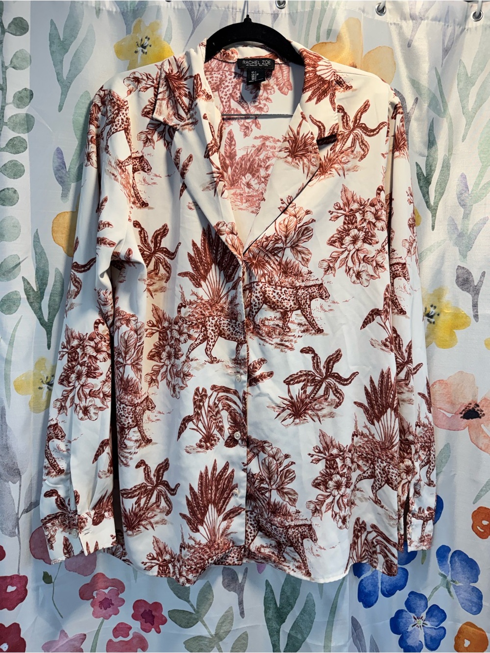 Rachel Zoe White Blouse with Rust Botanical & Leopard Print